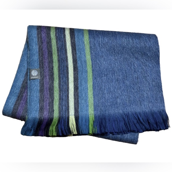 Shupaca Blue Bird Alpaca Blend Striped Fringed Scarf NWOT - Picture 2 of 15